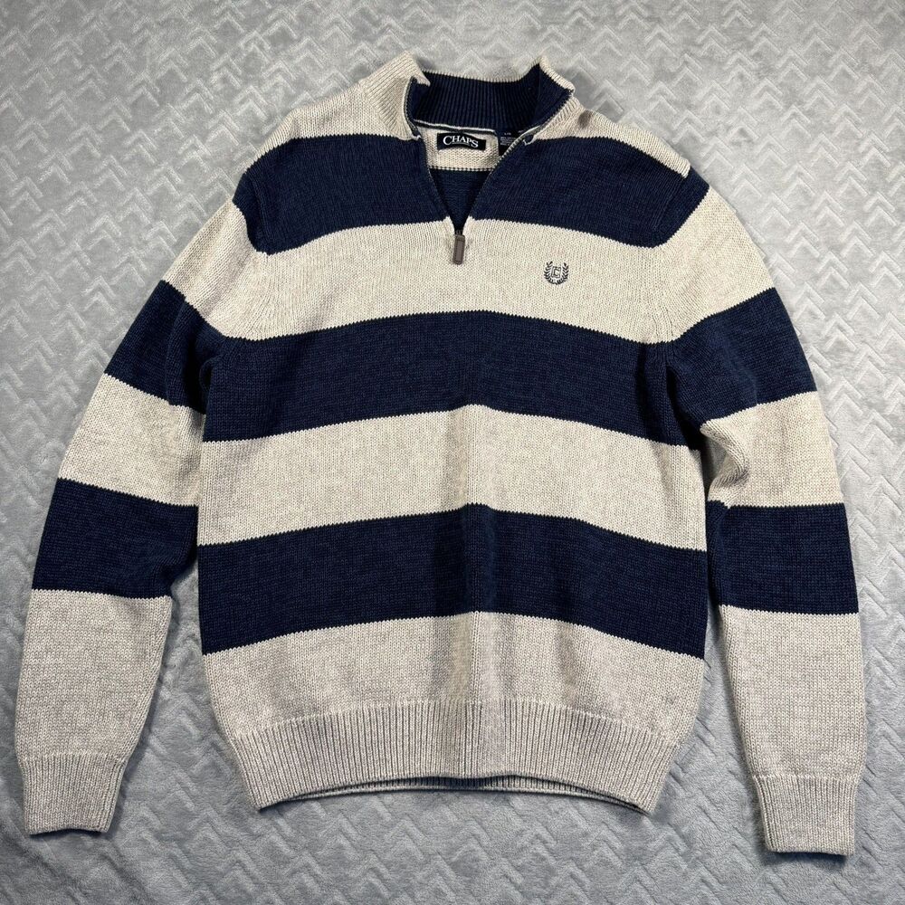 Chaps Sweater Men Large 1/4 Zip Knit Sweatshirt Pullover Blue/Gray Stripe Lauren